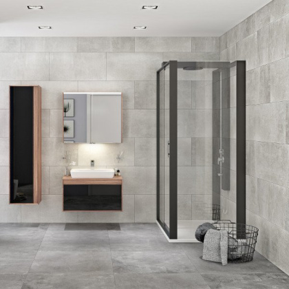 Шкаф Metropole 80 см из искуственного камня, c 1 ящиком, цвет сливовое дерево, фасад черное акриловое стекло