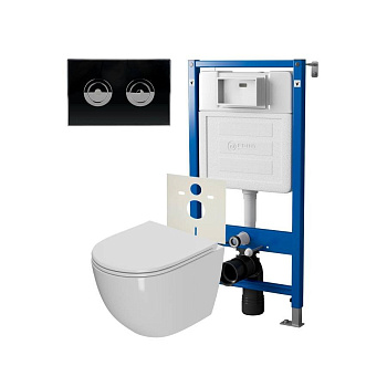 Сет: Система инсталляции пневматическая Point Элемент П для подвесного унитаза PN45121 + Клавиша смыва для пневматической инсталляции Point Венера, установка в стену, черный/хром, PN44071BC + Унитаз подвесной Point Афина безободковый, сиденье микролифт PN