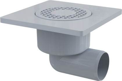 Сливной трап 150×150/50 мм боковой сток, решетка серая, гидрозатвор мокрый Сливной трап 150×150/50 мм боковой сток, решетка серая, гидрозатвор мокрый