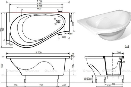 Ванна из искусственного мрамора Эстет Грация L 170x94                                               