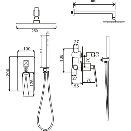 Смеситель встроенный + верхний душ + ручной душ Shine Gun Metall
