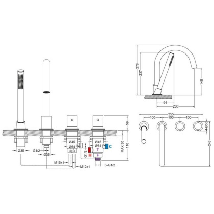 Смеситель для ванны с душем, врезной с термостатом Timo Saona 2330/17Y золото матовое