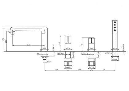 UNO Смеситель на борт ванны с ручным выдвижным душем, черный UNO-BVD4-NERO