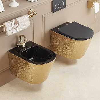 Унитаз подвесной Piatti VT1-11G1B безободковый, цвет золото/черный, ультратонкое soft-close сиденье