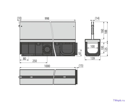 Пескоуловитель для дренажного канала с щелевой симметричной сервисной надставкой 160 мм, нержавеющая сталь 