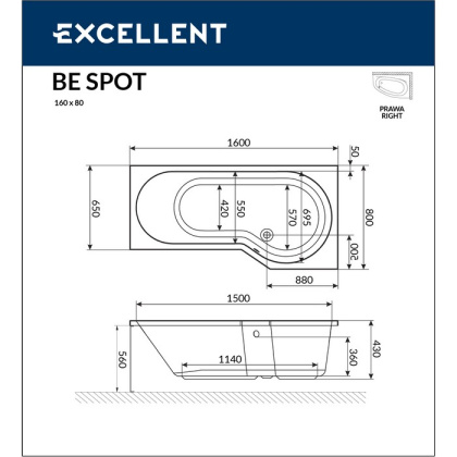 Ванна EXCELLENT Be Spot 160x80 (правая) "RELAX" (золото) Ванна EXCELLENT Be Spot 160x80 (правая) "RELAX" (золото)