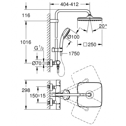 Душевая система поворотная с термостатом Grohe Tempesta Cosmopolitan 250, хром / белый (26689000)