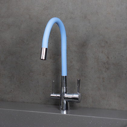 Смеситель для кухни с гибким изливом, с подключением к фильтру питьевой воды, латунь/хром/голубой