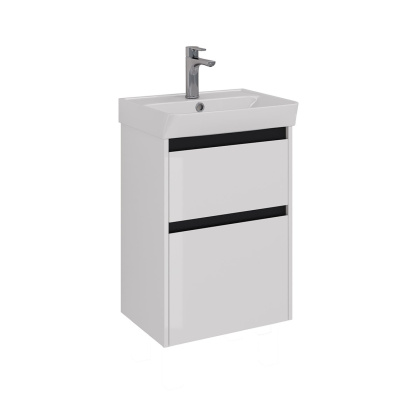Тумба Lemark COMBI 50см под 1 раковину, подвесная/напольная, 2 ящика, цвет планки: Чёрный, цвет корпуса, фасада: Белый глянец