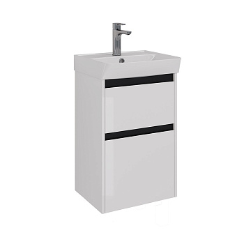 Тумба Lemark COMBI 45см под 1 раковину, подвесная/напольная, 2 ящика, цвет планки: Чёрный, цвет корпуса, фасада: Белый глянец