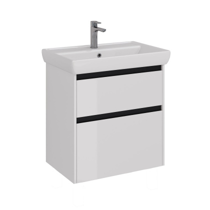 Тумба Lemark COMBI 70см под 1 раковину, подвесная/напольная, 2 ящика, цвет планки: Чёрный, цвет корпуса, фасада: Белый глянец