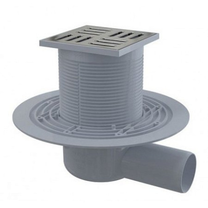 Сливной трап 105×105/50 мм боковой сток, решетка из нержавеющей стали, гидрозатвор мокрый