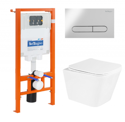 BB3103CHR/SC/BB002-80/BB018-GV-BIANCO Унитаз подвесной с сиденьем BelBagno DUE + Система инсталляции для унитазов с кнопкой смыва BB018-GV-BIANCO Исполнение: Белый  BB3103CHR/SC/BB002-80/BB018-GV-BIANCO Унитаз подвесной с сиденьем BelBagno DUE + Система инсталляции для унитазов с кнопкой смыва BB018-GV-BIANCO Исполнение: Белый