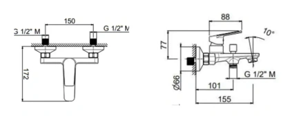 Смеситель для ванны NOTA  настенный с дивертором ванна/душ, без лейки, хром