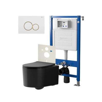 Сет: Система инсталляции Point Элемент для подвесного унитаза PN45120 + Клавиша смыва для инсталляции Point Виктория, белая/золото, PN44061WG + Унитаз подвесной Point Веста безободковый, чёрн мат, PN41701BM