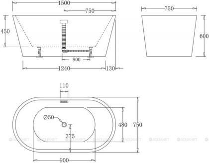 Акриловая ванна BELBAGNO BB71-1500, 1500x750x600 Акриловая ванна BELBAGNO BB71-1500, 1500x750x600