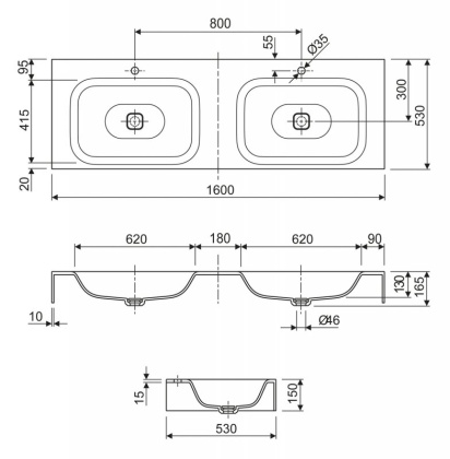 TITAN-1600-2-LVB-SOSPESO Консольная раковина из литьевого мрамора, двойная Цвет Белый 