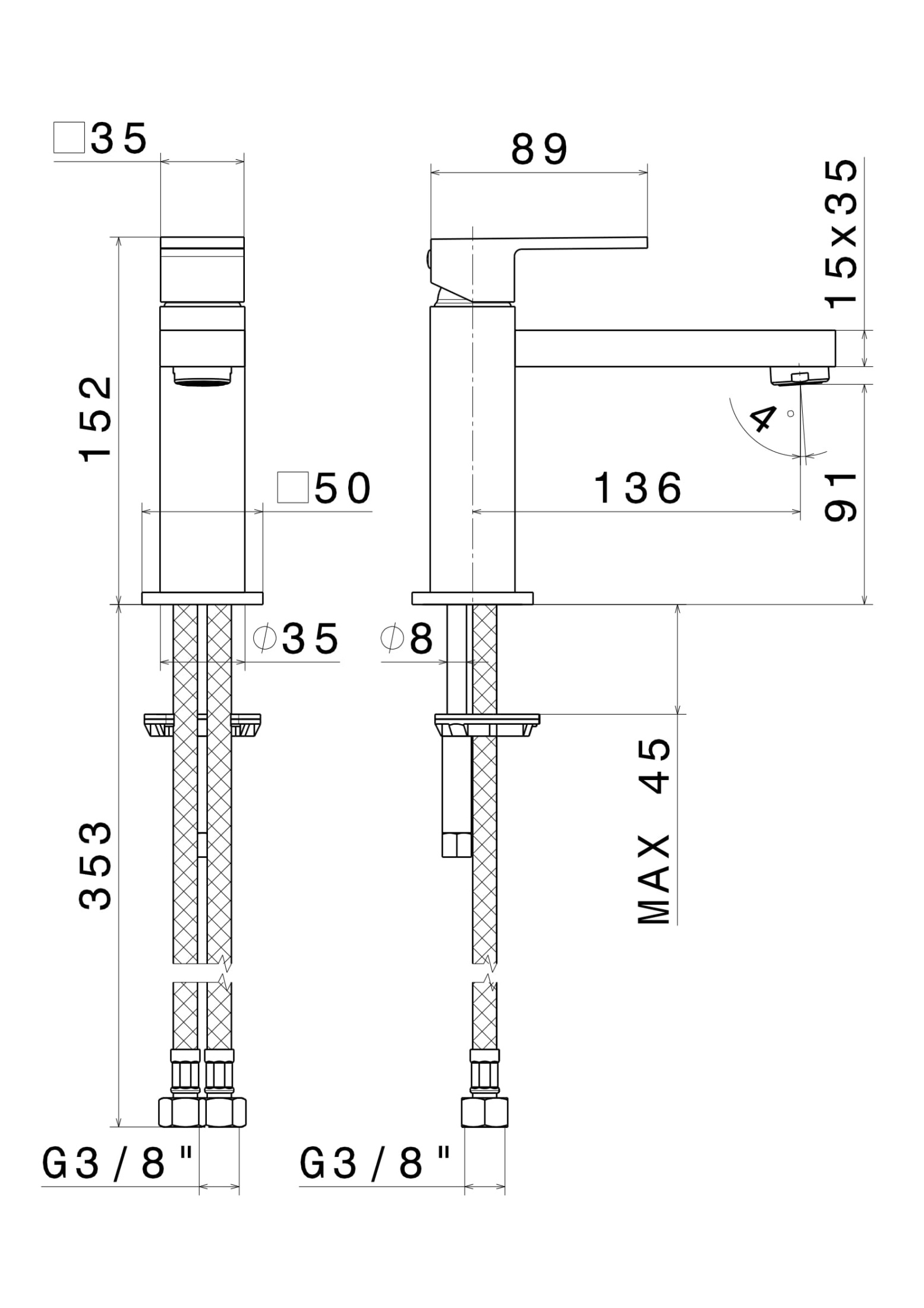 Смеситель для раковины FUTURA однорычажный без донного клапана 3/8, хром