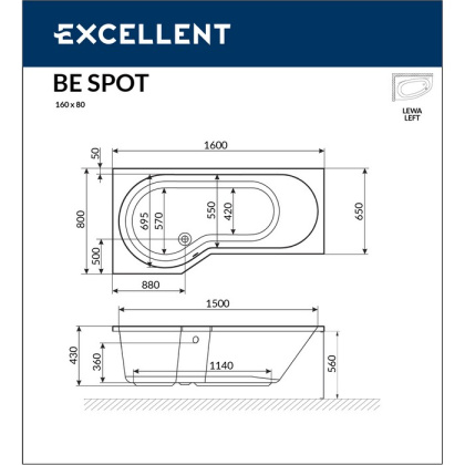Ванна EXCELLENT Be Spot 160x80 (левая) "SOFT" (хром) Ванна EXCELLENT Be Spot 160x80 (левая) "SOFT" (хром)