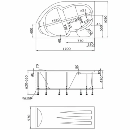 Акриловая ванна 1Marka Diana 160х100 левая на каркасе