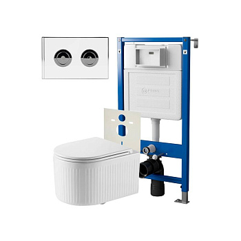 Сет: Система инсталляции пневматическая Point Элемент П для подвесного унитаза PN45121 + Клавиша смыва для пневматической инсталляции Point Венера, установка в стену, белый/хром, PN44072WC + Унитаз подвесной Point Деметра безободковый, белый, сиденье дюро