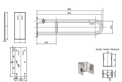Откидной поручень U-образный, 813 мм, черный, с крышкой