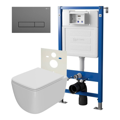 Сет: Система инсталляции Point Элемент для подвесного унитаза PN45120 + Клавиша смыва для инсталляции Point Меркурий, цвет графит, PN44831GM + Унитаз подвесной Point Меркурий безободковый, сиденье дюропласт микролифт, быстросъем, белый PN41831