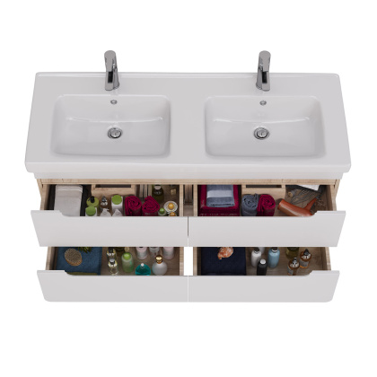 Тумба Lemark OLIVIA 125см под 2 раковины, подвесная,4 ящика, цвет корпуса: Дуб кантри, цвет фасада: Белый глянец Тумба Lemark OLIVIA 125см под 2 раковины, подвесная,4 ящика, цвет корпуса: Дуб кантри, цвет фасада: Белый глянец