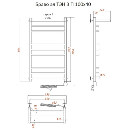Полотенцесушитель Браво эл ТЭН 3 П 100*40 (ЛЦ4)