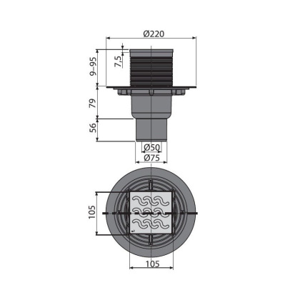Сливной трап 105×105/50/75 мм прямой сток, решетка из нержавеющей стали, гидрозатвор мокрый