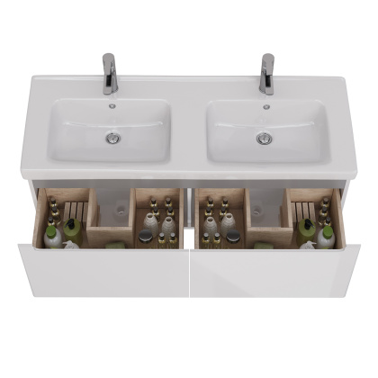 Тумба Lemark BUNO MINI 125см под 2 раковины, подвесная, 2 ящика, цвет корпуса, фасада: Белый глянец