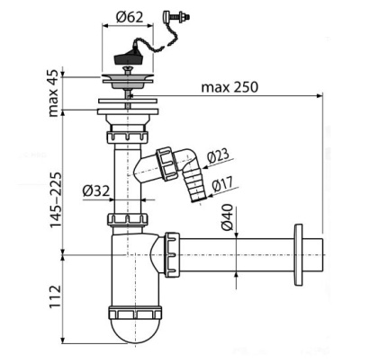 Сифон для умывальника DN40 со штуцером, с нержавеющей peшeткой DN63, с цепочкой
