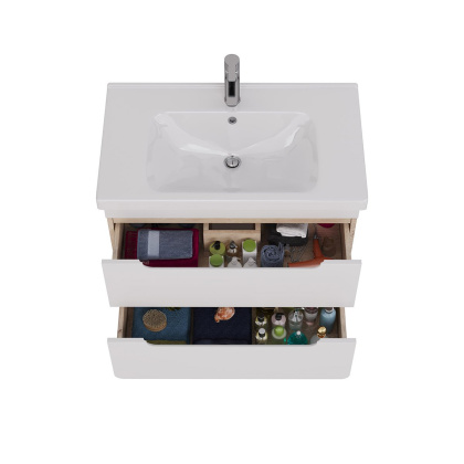 Тумба Lemark OLIVIA 80см под 1 раковину, подвесная, 2 ящика, цвет корпуса: Дуб кантри, цвет фасада: Белый глянец