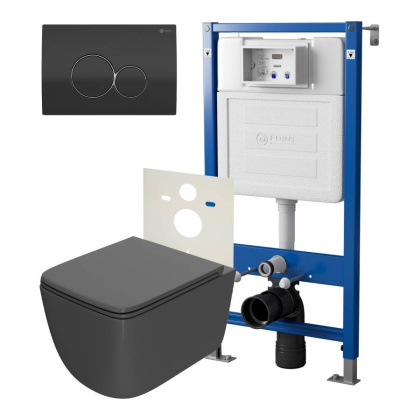 Сет: Система инсталляции Point Элемент для подвесного унитаза PN45120 + Клавиша смыва для инсталляции Point Виктория, черная/хром, PN44061BC + Унитаз подвесной Point Меркурий безободковый, сид.дюропласт микролифт быстросъем, графит, PN41831GM
