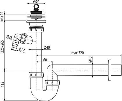 Сифон трубчатый с нержавеющей peшeткой DN70 и штуцером