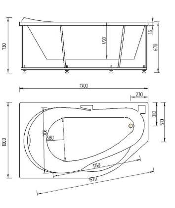 Ванна  Таурус прав.пустая с фр.экр.