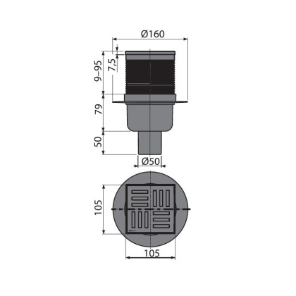 Сливной трап 105×105/50 мм прямой сток, решетка серая, гидрозатвор мокрый