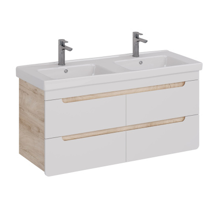 Тумба Lemark OLIVIA 125см под 2 раковины, подвесная,4 ящика, цвет корпуса: Дуб кантри, цвет фасада: Белый глянец Тумба Lemark OLIVIA 125см под 2 раковины, подвесная,4 ящика, цвет корпуса: Дуб кантри, цвет фасада: Белый глянец