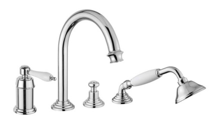 APHRODITE-BVDM-03/24-Bi Смеситель на борт ванны однорычажный с выдвижным душем и переключателем, исполнение золото 24 карат, ручки белые APHRODITE-BVDM-03/24-Bi Смеситель на борт ванны однорычажный с выдвижным душем и переключателем, исполнение золото 24 карат, ручки белые