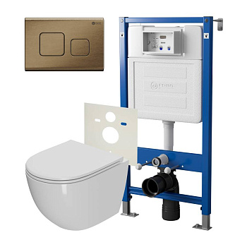 Сет: Система инсталляции Point Элемент для подвесного унитаза PN45120 + Клавиша смыва для инсталляции Point Афина, бронза брашированная, PN44041BB + Унитаз подвесной Point Афина безободковый, сиденье микролифт PN41041