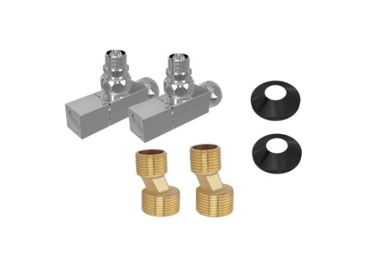 Комплект фитингов для нижнего подключения водяных полотенцесушителей типа лесенка Aquatek ( вентиль квадрат г/ш 3/4х1/2 - 2 шт + эксцентрик 3/4х1/2 - 2 шт + отражатель 3/4 - 2 шт), цвет хром