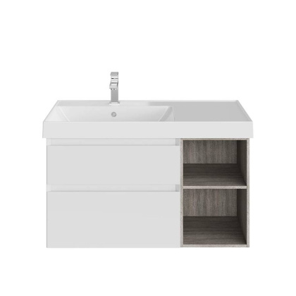 Тумба CUBO левая подвесная с ящиками 90, белая матовая-древесная