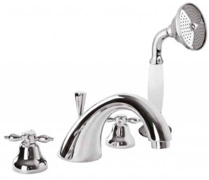 NOSTALGIA-BVD-03/24-Bi Смеситель на борт ванны с ручным выдвижным душем Исполнение: Золото 24 карат Ручной душ:Белый 