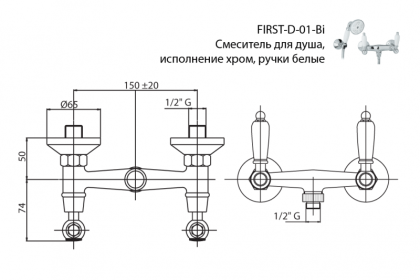 FIRST-D-03/24-Bi Смеситель для душа в комплекте с ручным душем, шлангом и держателем Исполнение: Золото 24 карат, Ручки: Белые 