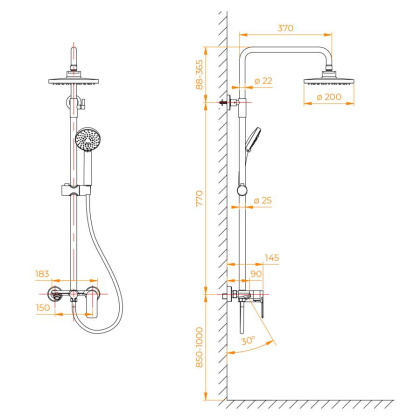 Душевая стойка RGW SP-26-B Черный Головной душ/Смеситель (Ручной душ.Шланг 1,5 м.)