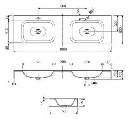 TITAN-1600-2-LVB-SOSPESO Консольная раковина из литьевого мрамора, двойная Цвет Белый 