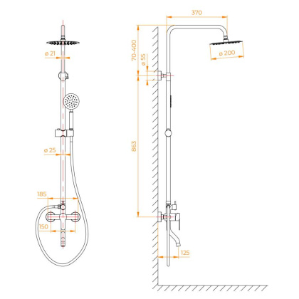Душевая стойка RGW SP-24-B Черный Головной душ/Смеситель (Ручной душ.Шланг 1,5 м.)