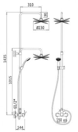 CZR-B-CDA-01 Душевая стойка телескопическая со смесителем, с верхним и ручным душем, верхний душ диаметр 230 мм из ABC Исполнение: Хром 