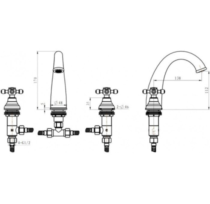 Смеситель для раковины на 3 отверстия ROYAL CRYSTAL BLACK, золото_Комплект