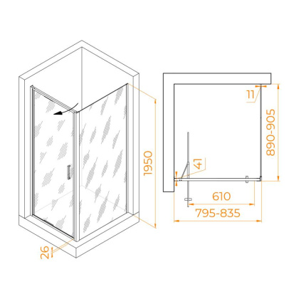 Душевой уголок  80* 90*195 RGW SV-145B (SV-05B + Z-050-2B) Прямоуг./Чёрный/Прозрачное/8 мм (Easy)